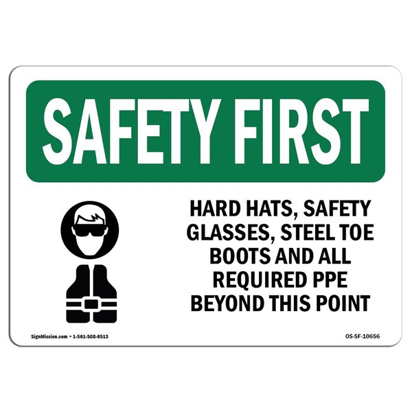 OSHA Sign, Hard Hats Goggles And W/ Symbol, 10in X 7in Aluminum, 10" W, 7" H, Landscape